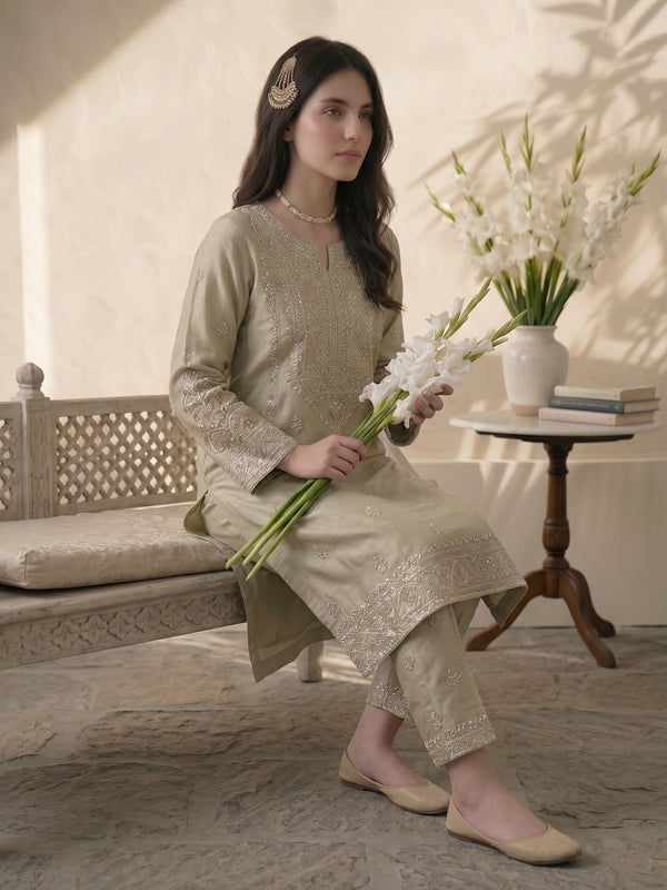 Metallic Sage Heavily Embroidered Pakistani Silk Suit (3-Piece)