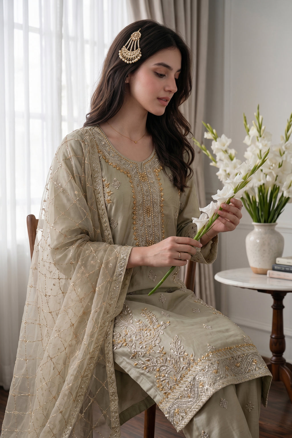 Metallic Sage Heavily Embroidered Pakistani Silk Suit (3-Piece)