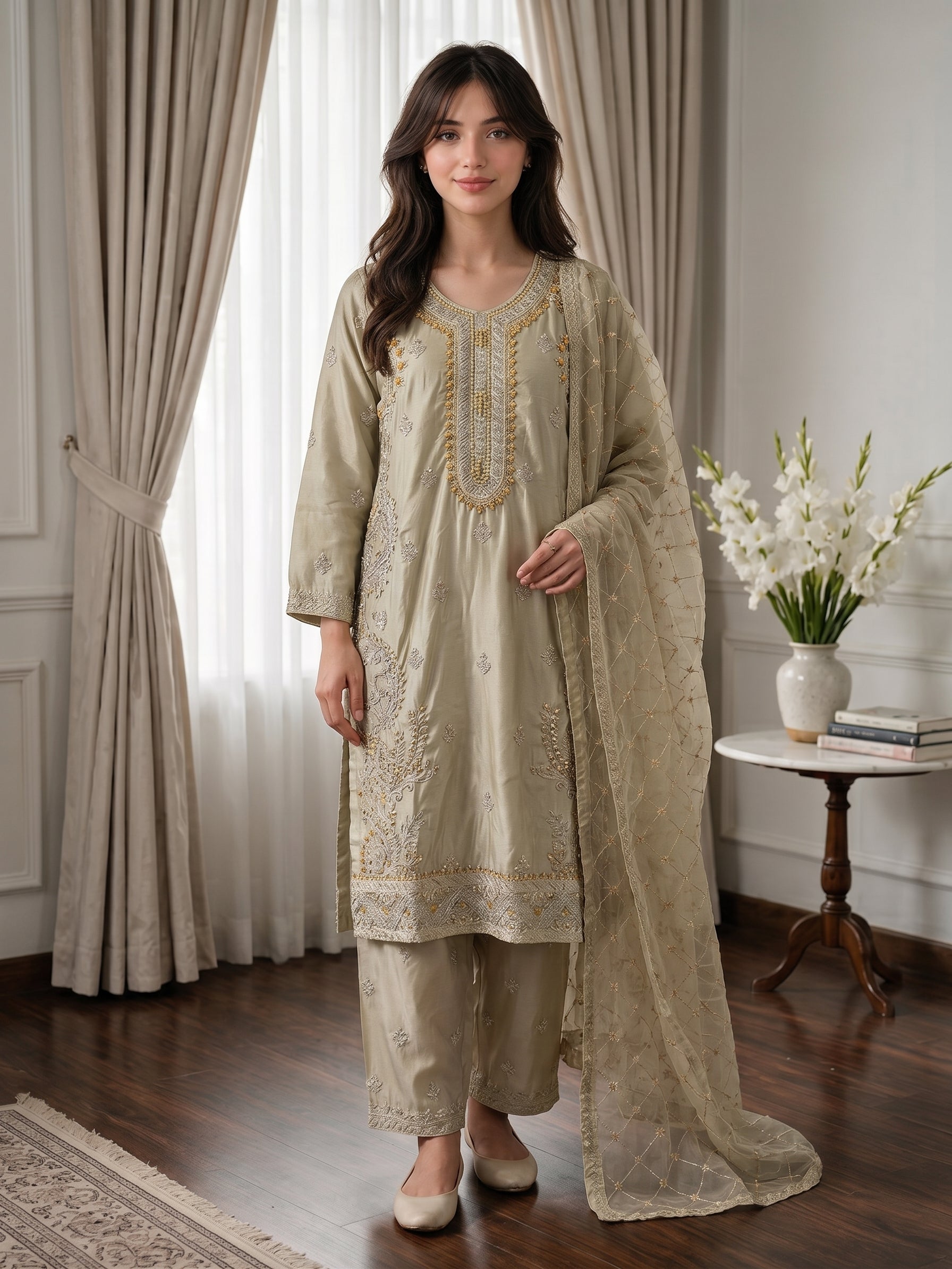 Metallic Sage Heavily Embroidered Pakistani Silk Suit (3-Piece)