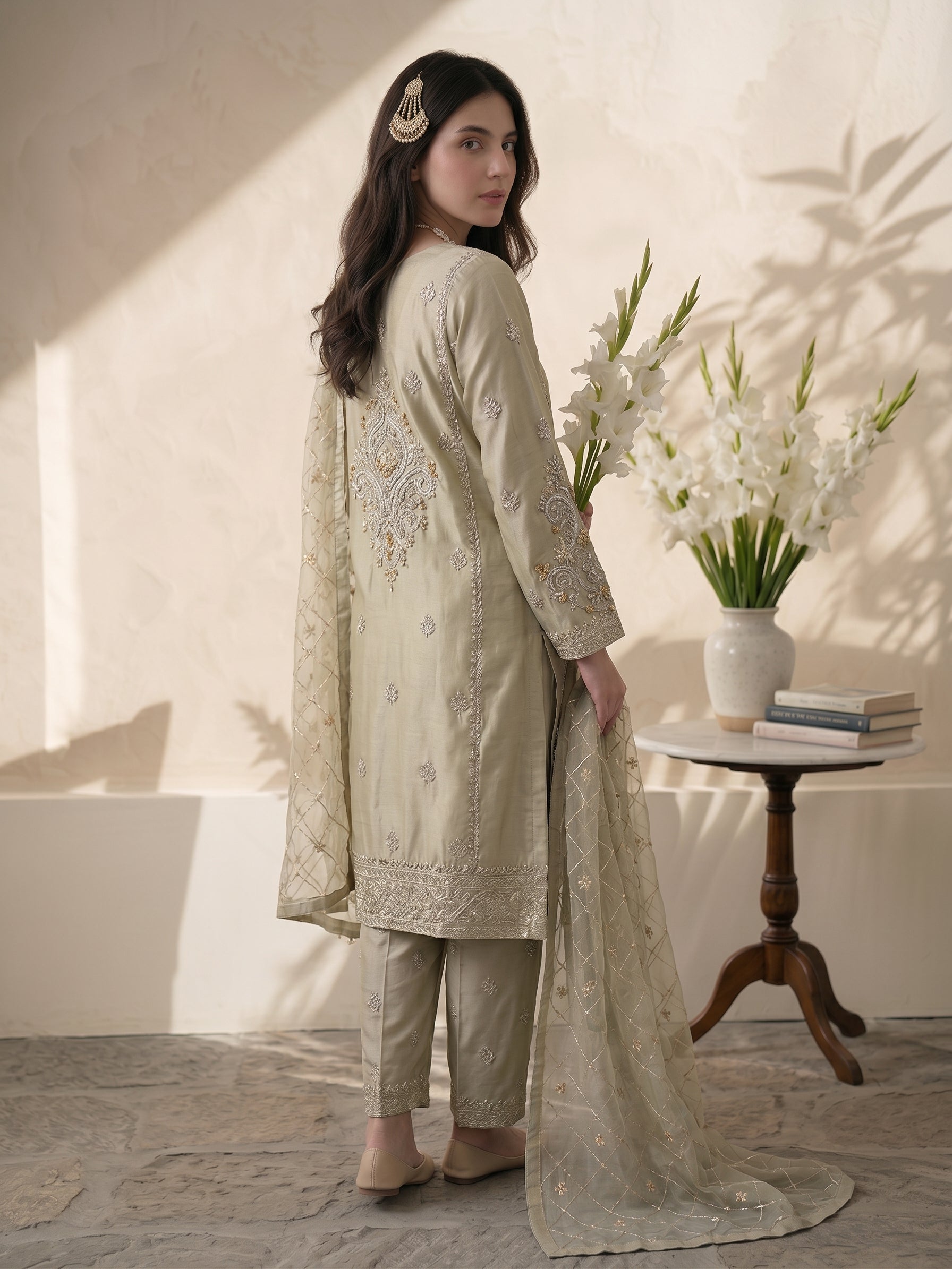 Metallic Sage Heavily Embroidered Pakistani Silk Suit (3-Piece)